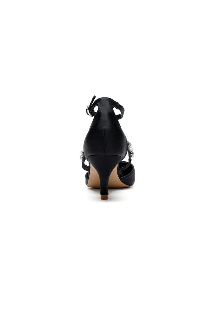 Crystal Strap Pointed Toe Satin Kitten Heels