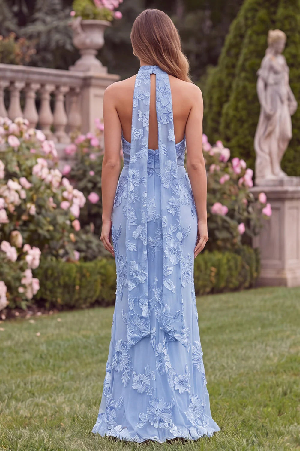 Mermaid Halter Blue Floral Wedding Guest Dress with Scarf