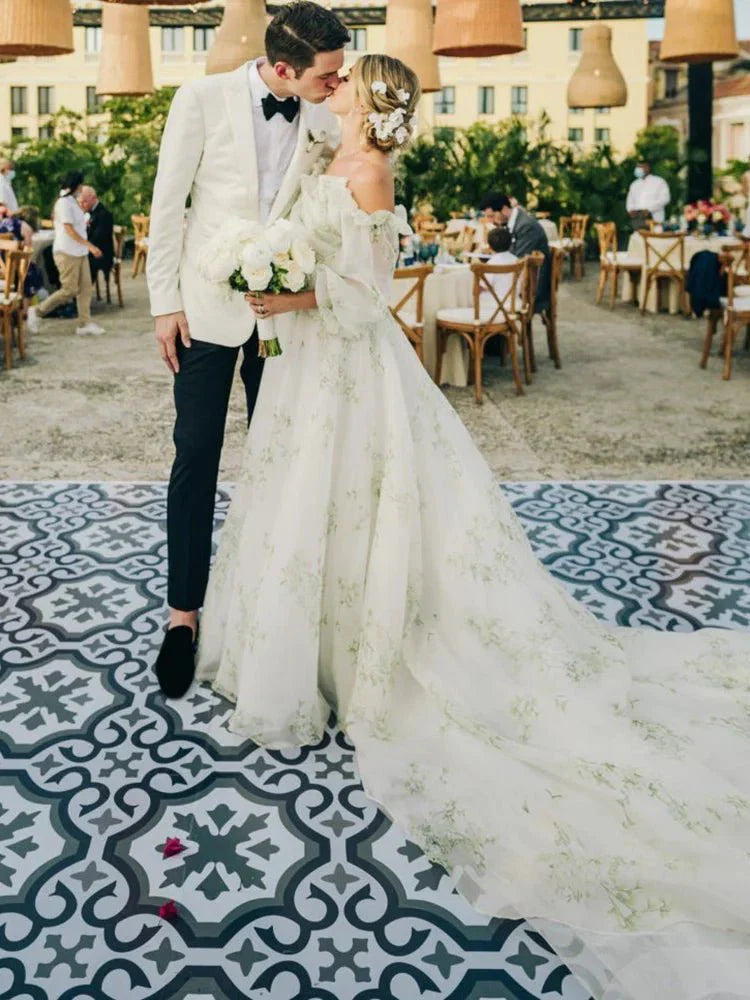 A Line Floral Appliqued Majesty Bridal Wedding Dress with Ruffles