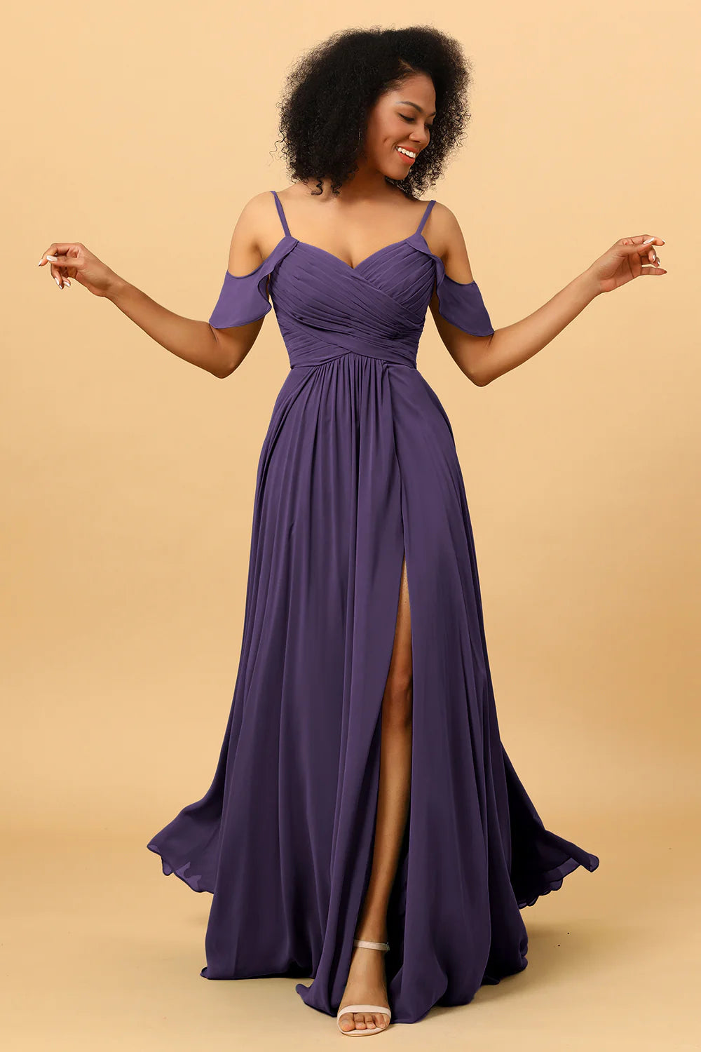 A Line Spaghetti Straps Long Chiffon Bridesmaid Dress With Slit
