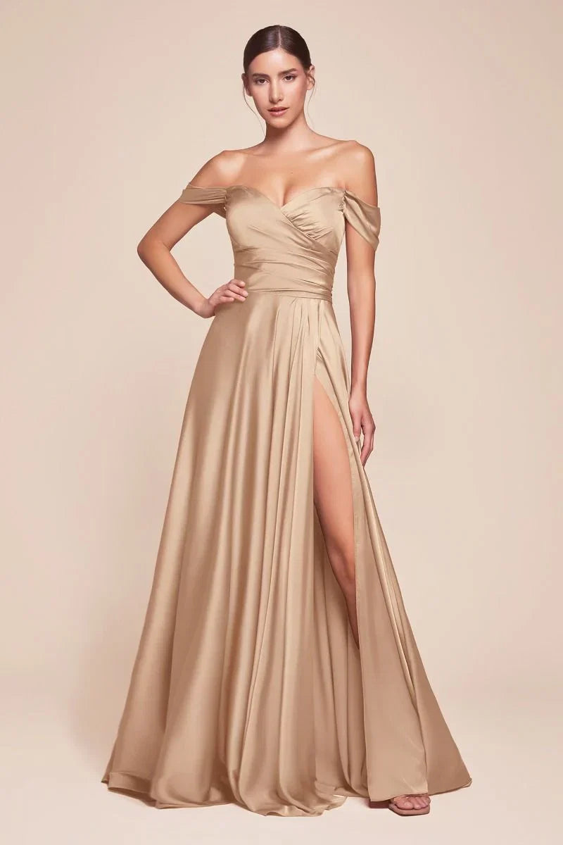 JILLIAN GOWN A LINE SOFT SATIN OFF THE SHOULDER DRESS
