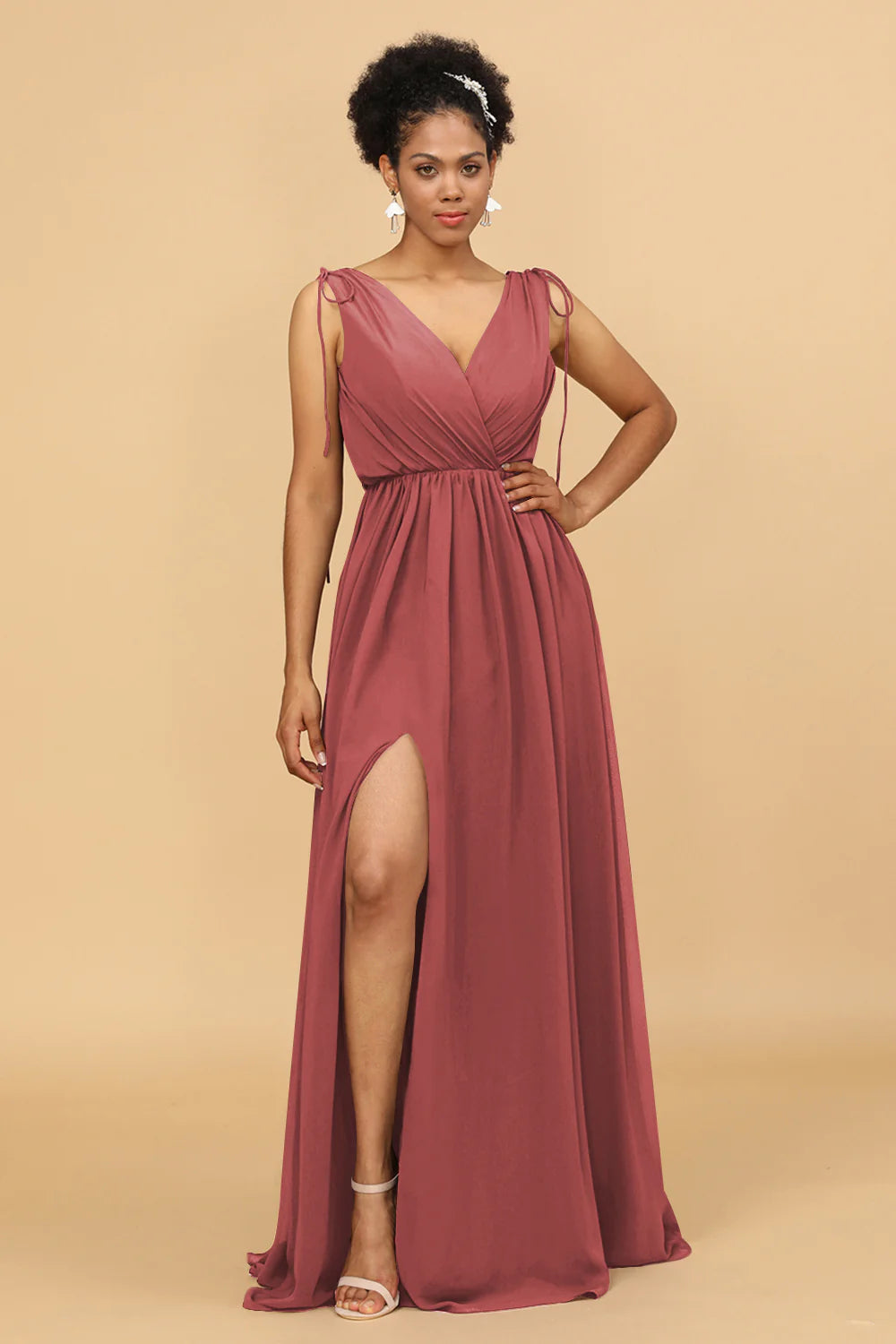 A Line Ruched V Neck Sleeveless Chiffon Bridesmaid Dress with Slit