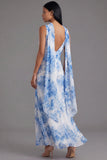 Blue Floral Cowl Neck Wedding Guest Dress with Sash
