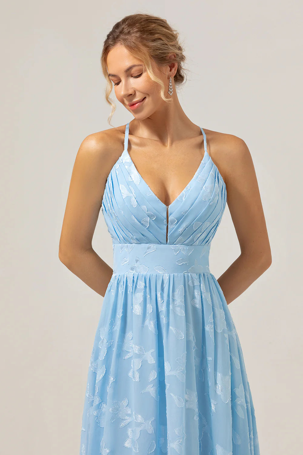 Light Blue A Line V Neck Pleated Long Embroidered Bridesmaid Dress