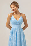 Light Blue A Line V Neck Pleated Long Embroidered Bridesmaid Dress