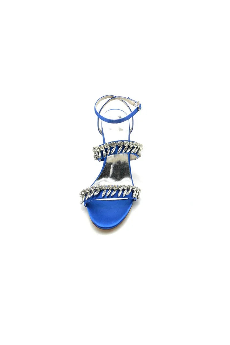 Navy Blue Evening Heels with Sequins and Chain Decor