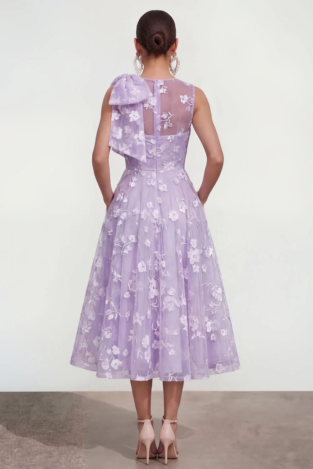Floral Apricot A Line Bowed Midi Wedding Guest Dress