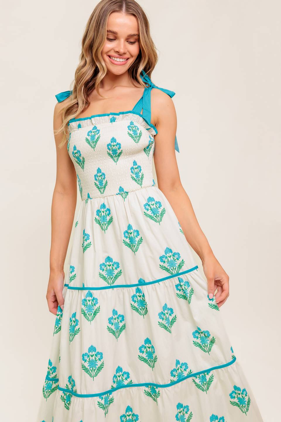 BEAUTY IN BLOOM BLUE TIE STRAP MIDI DRESS