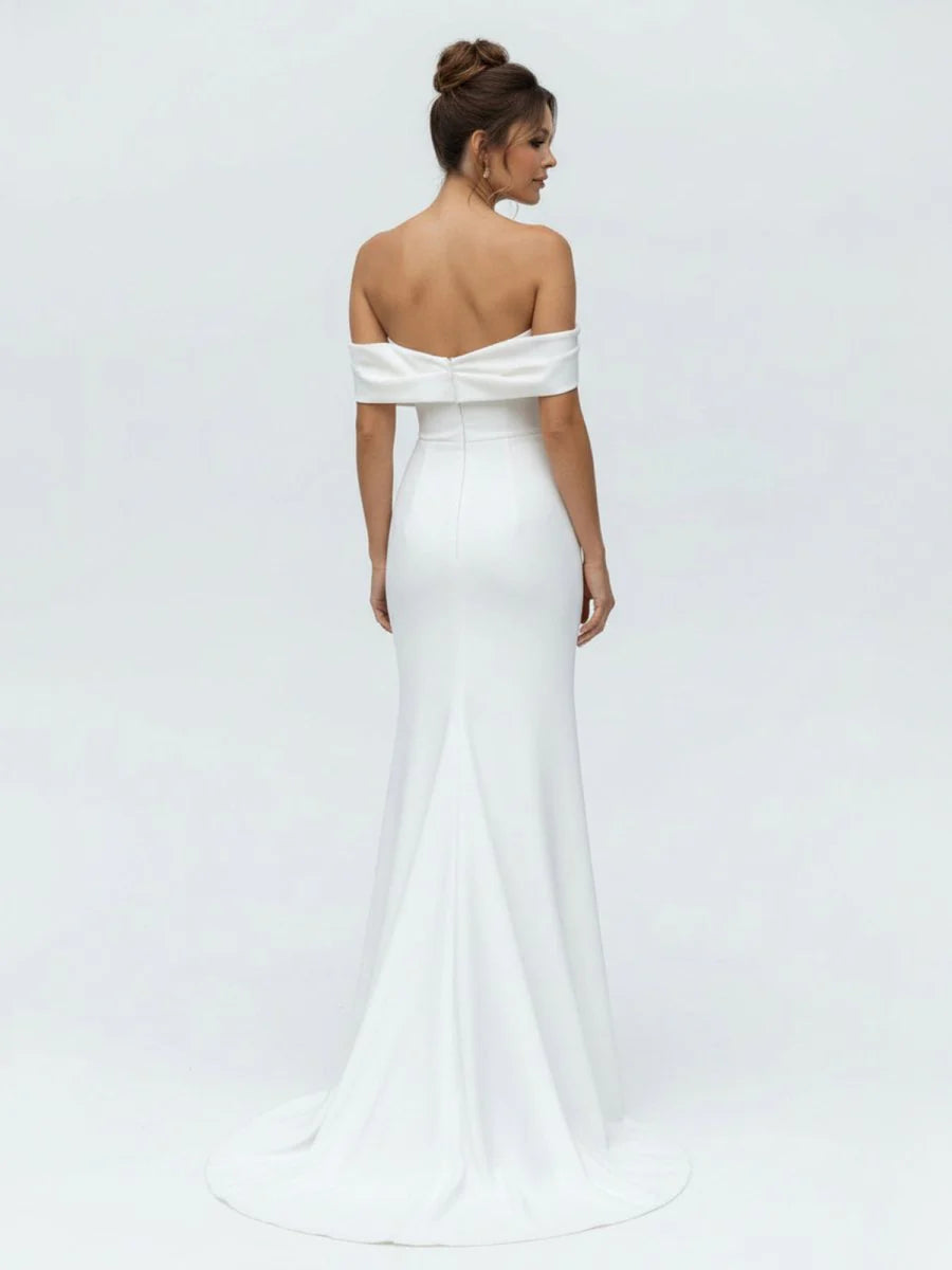 Mermaid Satin Off the Shoulder Sheath Wedding Dress with Zipper and Slit