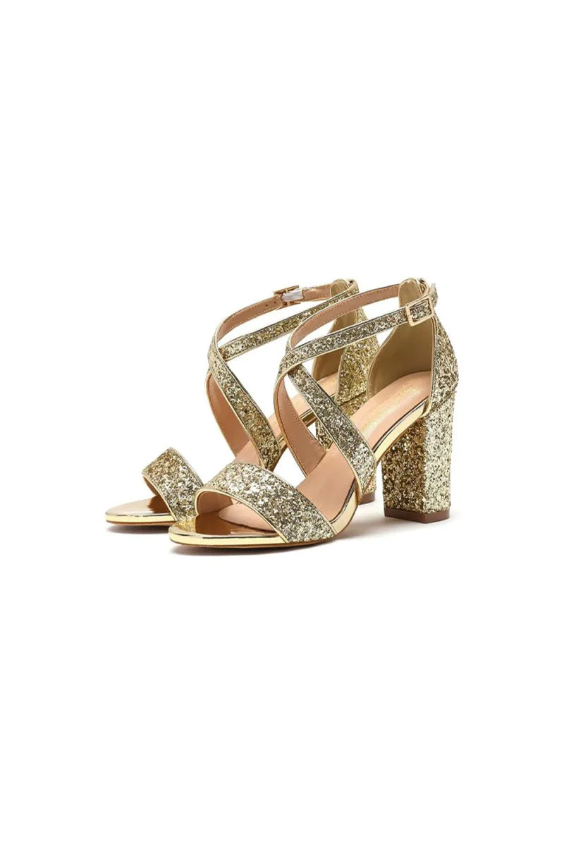 Silver Sequined Cross Straps Open Toe Chunky Heels