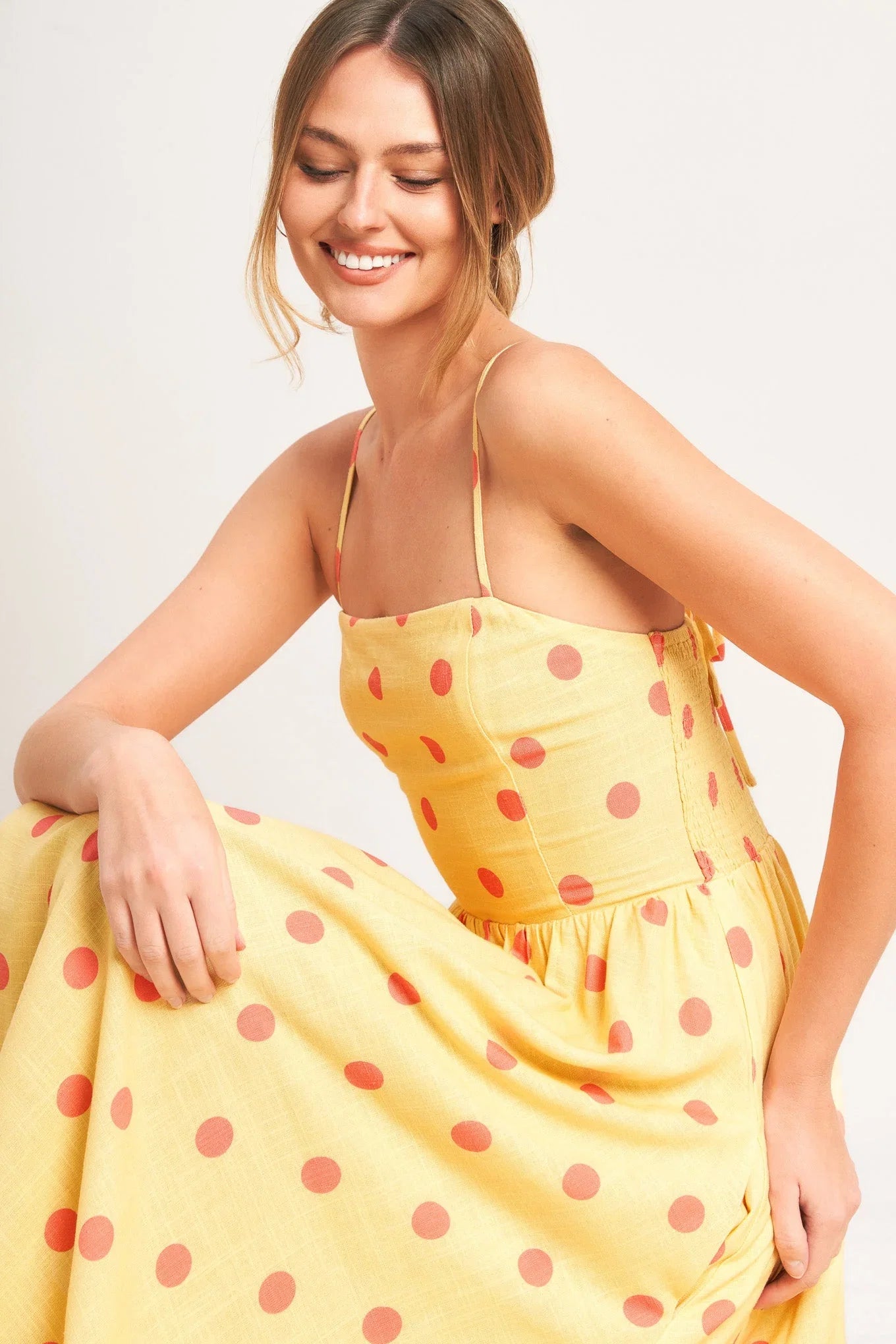 GOLDEN SUMMER POLKA DOT YELLOW MIDI DRESS