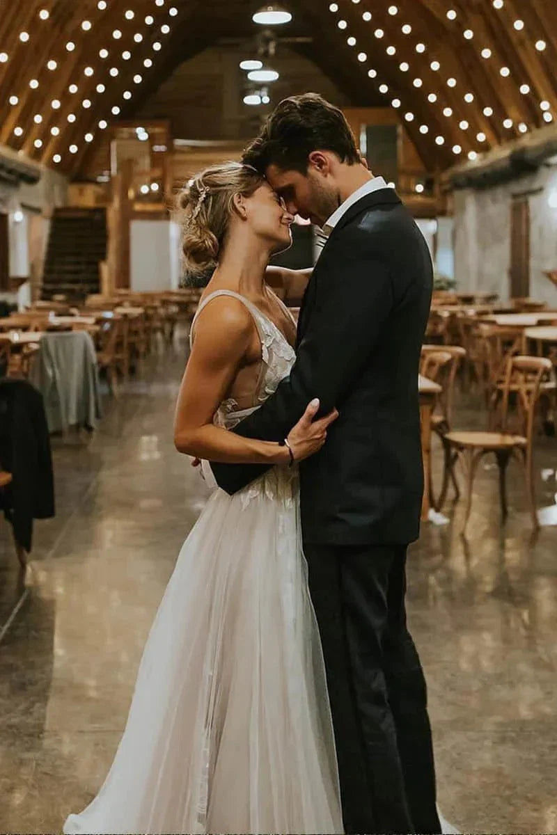 Marvelous V neck A Line Wedding Dress Tulle Appliques Rustic Wedding Dress