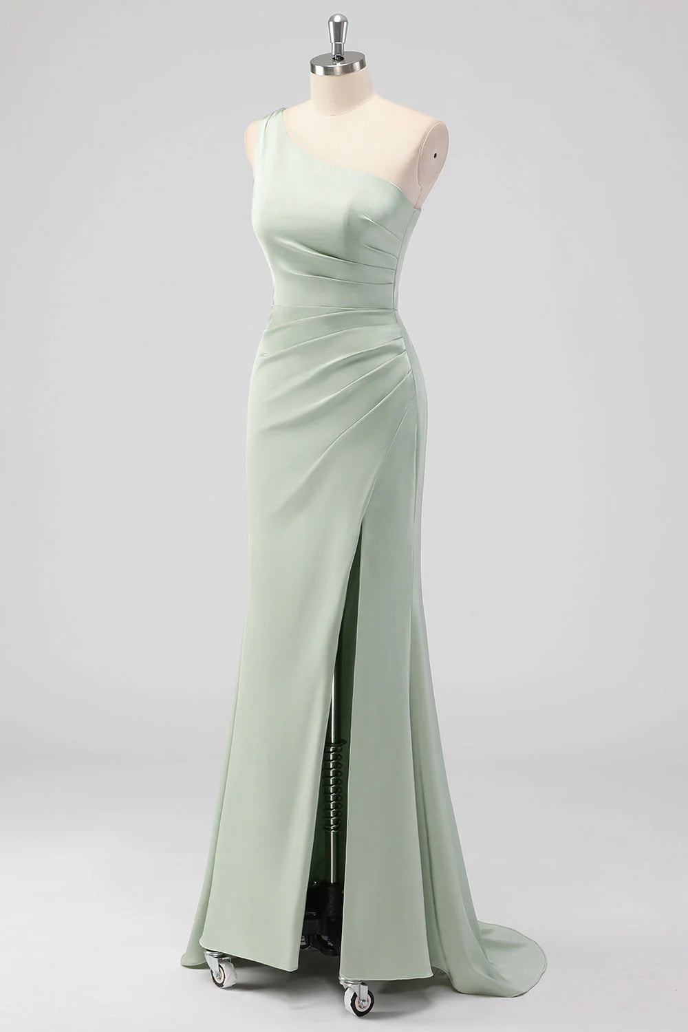 Sage Green Sheath One Shoulder Satin Long Bridesmaid Dress with Slit