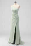 Sage Green Sheath One Shoulder Satin Long Bridesmaid Dress with Slit