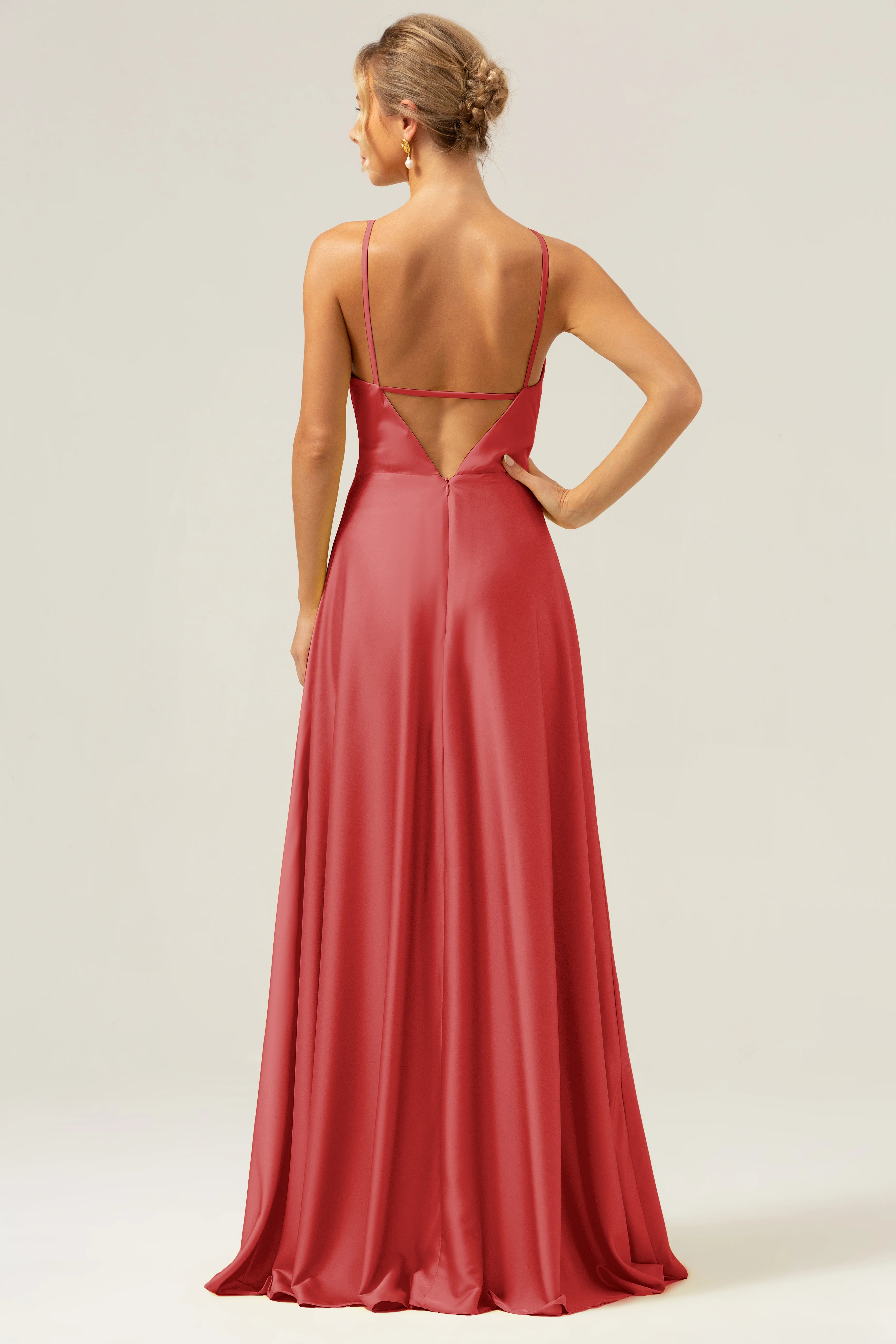 A Line Halter Ruched Satin Open Back Long Bridesmaid Dress with Flower