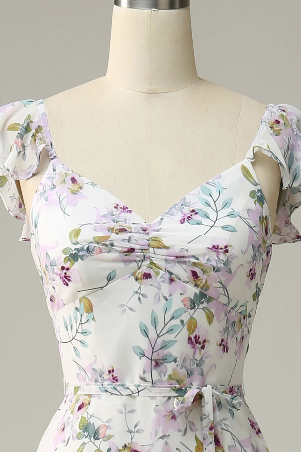 Purple White Flower A Line V Neck Chiffon Bridesmaid Dress