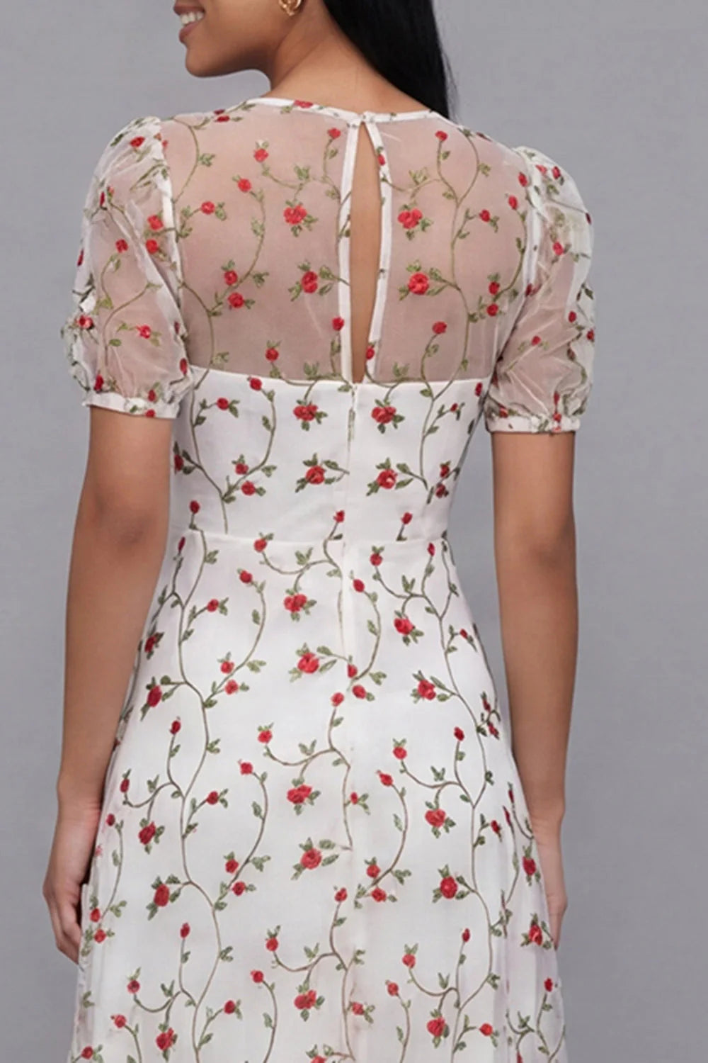 White Floral A Line Midi Wedding Guest Dress with Short Sleeves