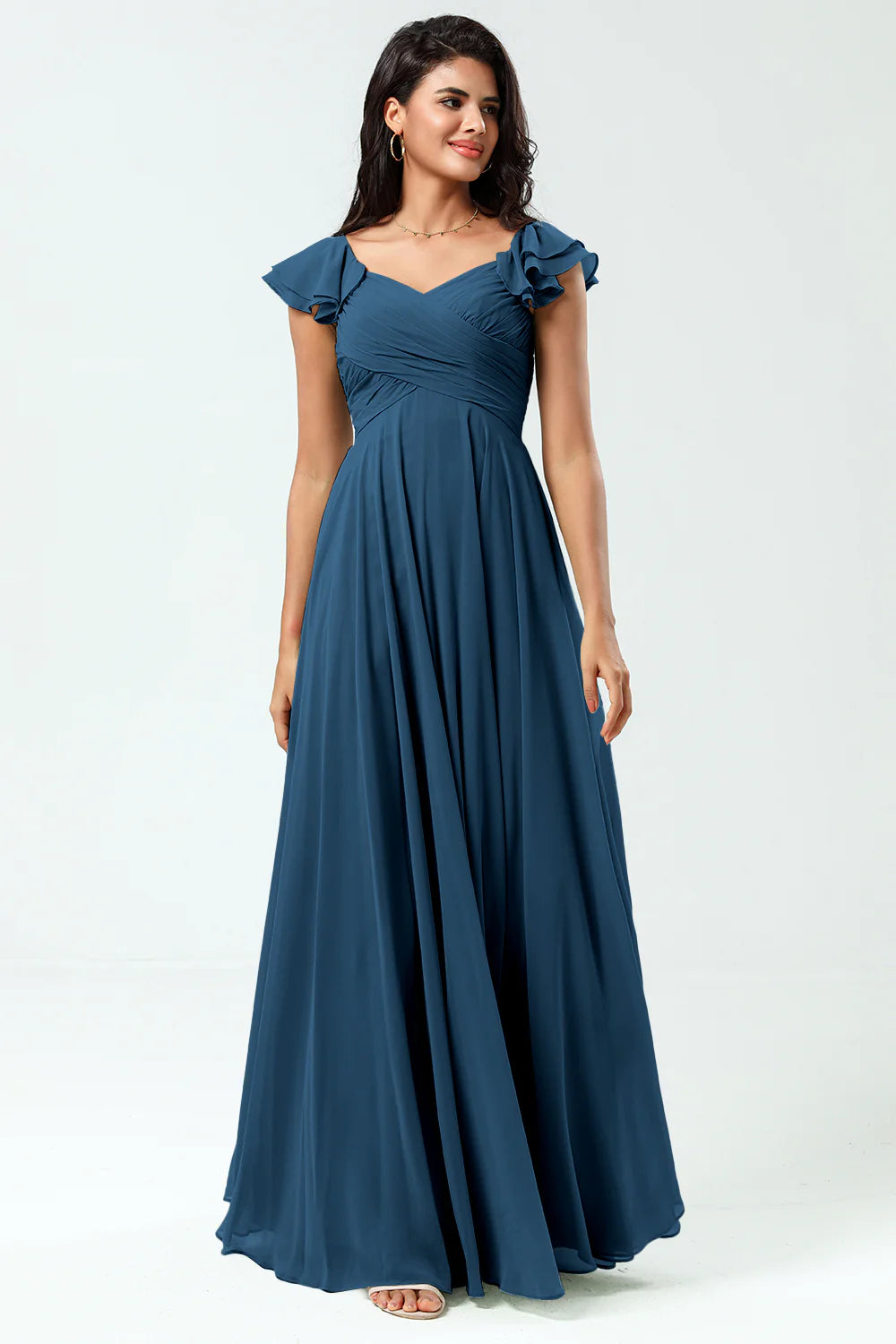 Lace Up Back Cross A Line Chiffon Bridesmaid Dress with Ruffles