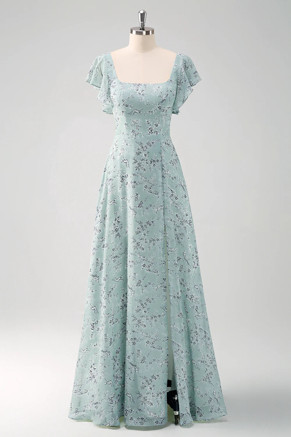 Dusty Sage A Line Square Neck Floor Length Print Bridesmaid Dress with Slit