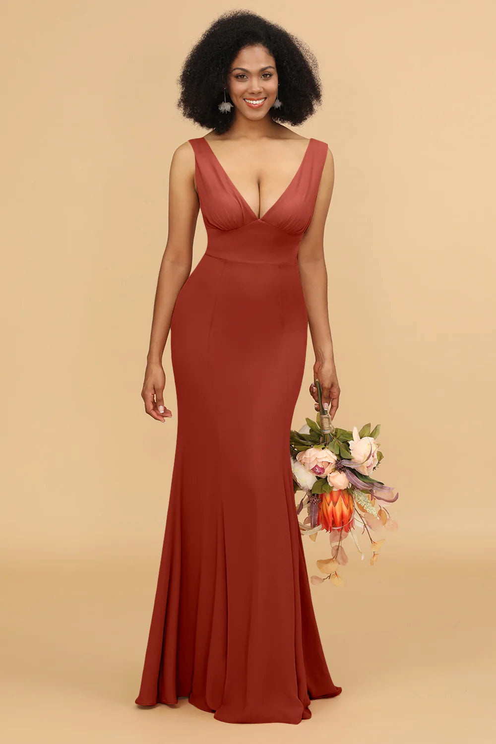 Mermaid V neck Open Back Long Chiffon Bridesmaid Dress With Ruffles