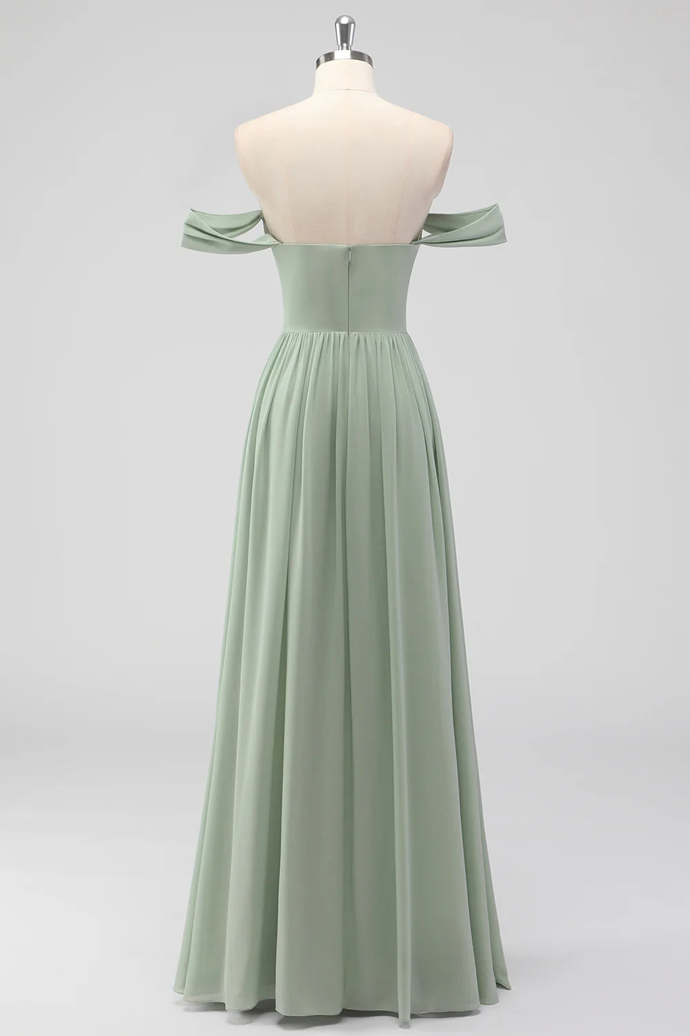Sage Green A Line Off The Shoulder Ruched Chiffon Long Bridesmaid Dress with Slit