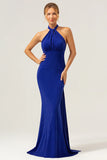Glitter Royal Blue Mermaid Halter Corset Backless Long Formal Dress