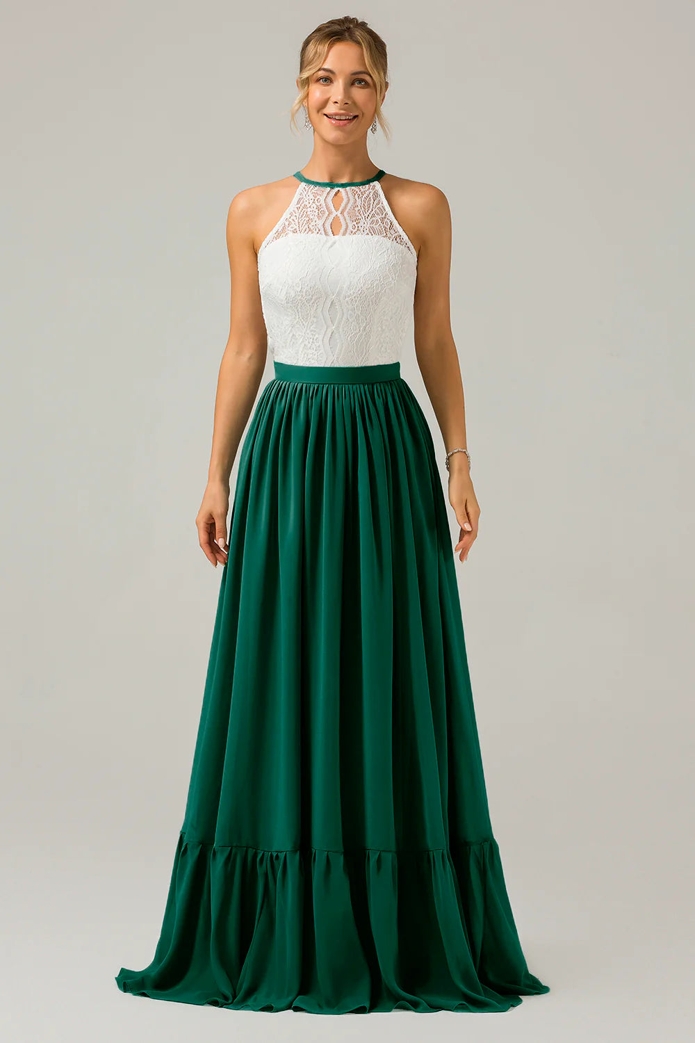 A Line Halter Pleated Keyhole Chiffon Bridesmaid Dress With Lace