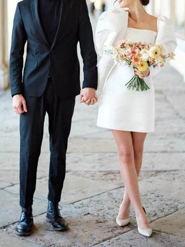 White Satin Short Wedding Dress with Puff Sleeves