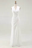 White A Line V Neck Ruched Engagement Dress