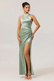 Sage Green Sheath Satin High Neck Backless Long Plus Size Bridesmaid Dress with Side Slit