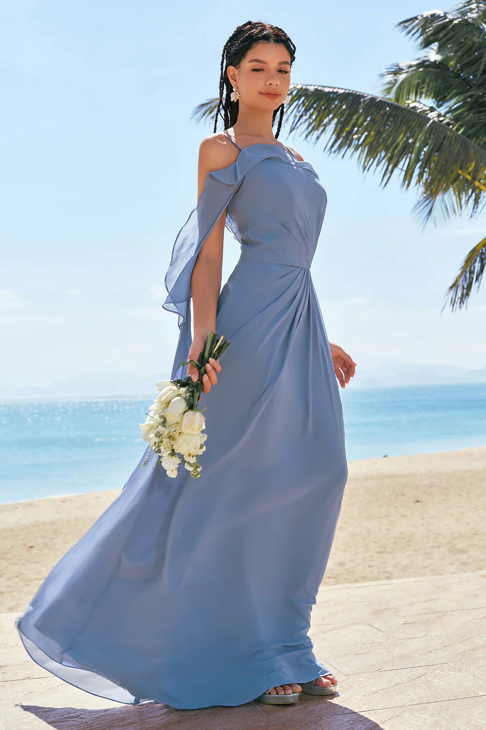 Grey Blue A Line Cold Shoulder Ruched Chiffon Long Bridesmaid Dress with Slit