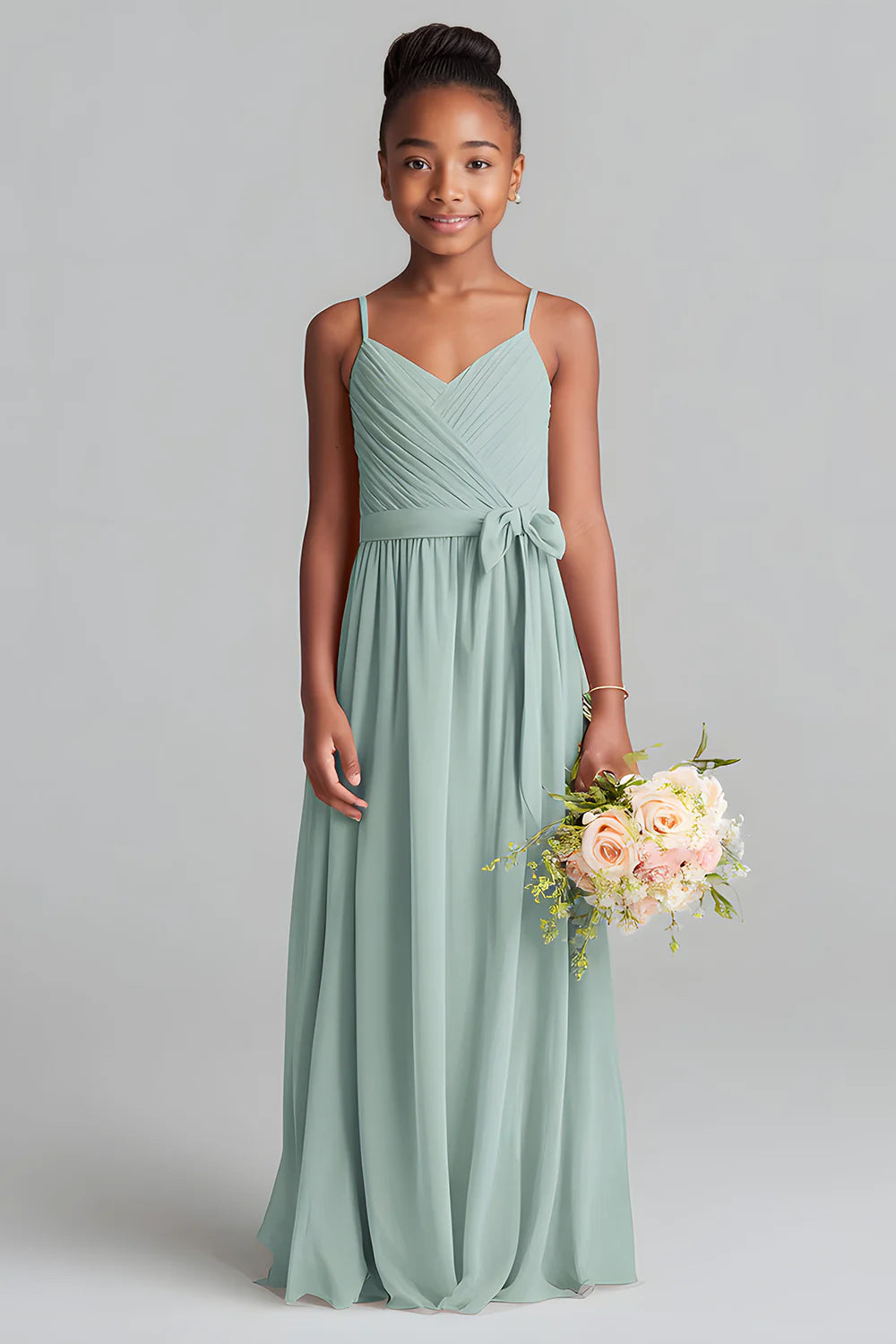 Matcha A Line Spaghetti Straps Pleated Junior Bridesmaid Dress