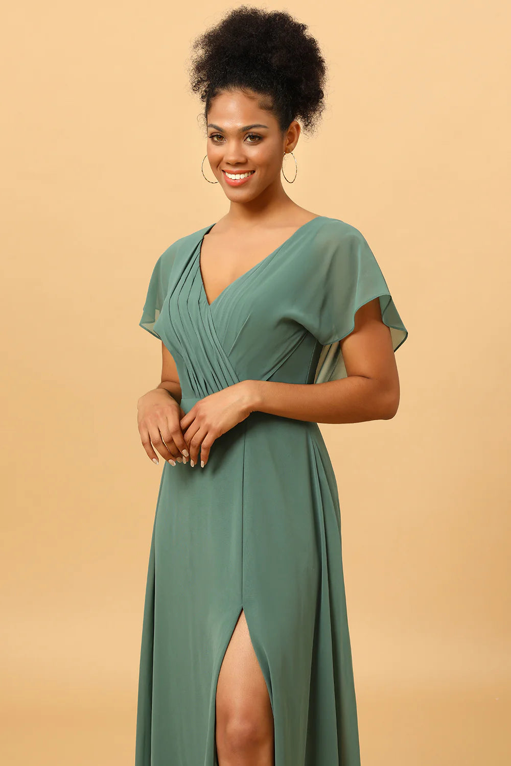 Eucalyptus A Line V Neck Ruched Long Chiffon Bridesmaid Dress with Slit