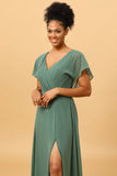 Eucalyptus A Line V Neck Ruched Long Chiffon Bridesmaid Dress with Slit