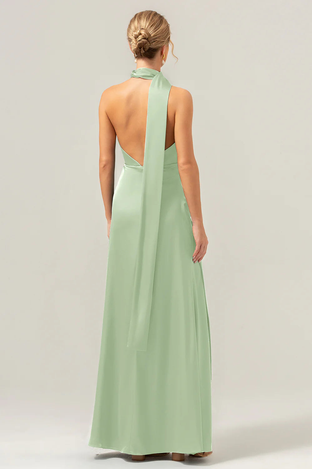 Peacock Sheath Deep V Neck Open Back Convertible Long Satin Bridesmaid Dress with Streamer