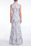 Mermaid Blue Floral Jacquard Shawl Lapel Mother of the Bride Dress with Slit