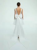 A Line Satin V Neck Short Wedding Dress with Large Bow
