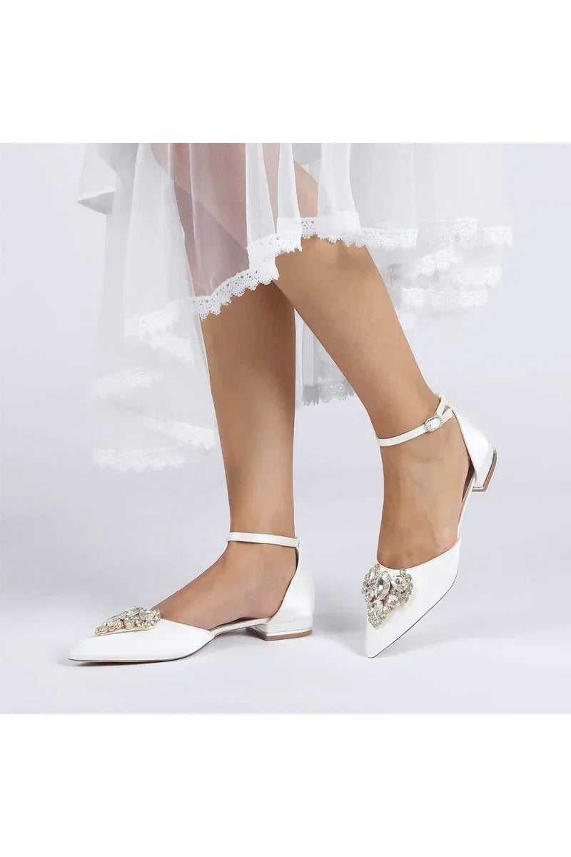 Satin Pointed Toe Ankle Strap Rhinestone Kitten Heels