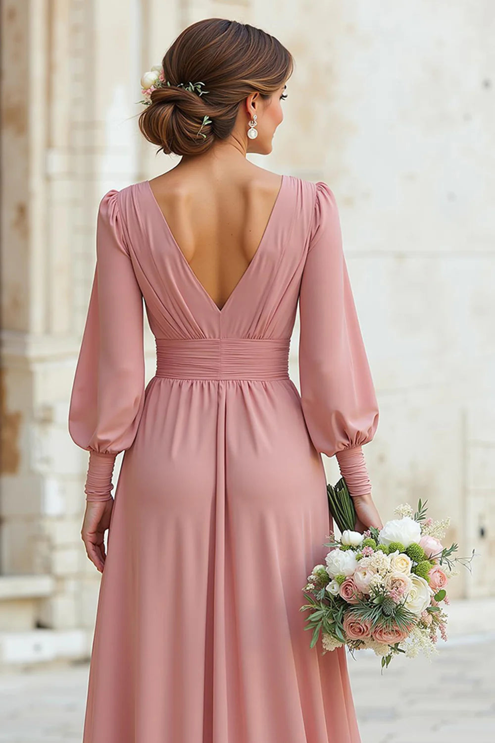 Elegant A Line V Neck Dusty Rose Bridesmaid Dress with Long Sleeves