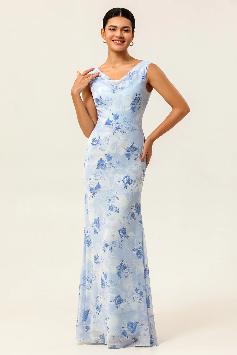 Blue Sheath Open Back Print Floral Chiffon Long Plus Size Bridesmaid Dress