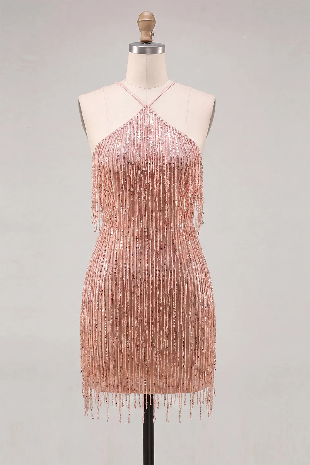 Gold Halter Bodyocn Sequin Short Homecoming Dress with Fringes