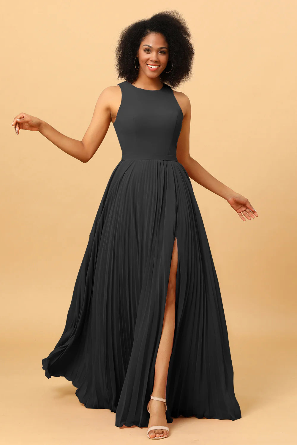 A Line Pleated Long Chiffon Bridesmaid Dress with Ruffles