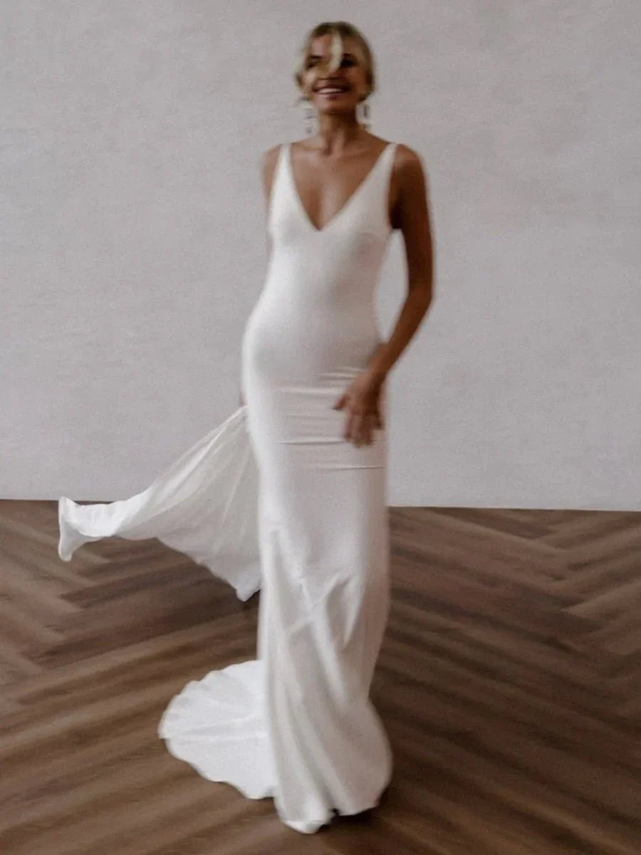 Mermaid Deep V Neck Backless White Wedding Dress