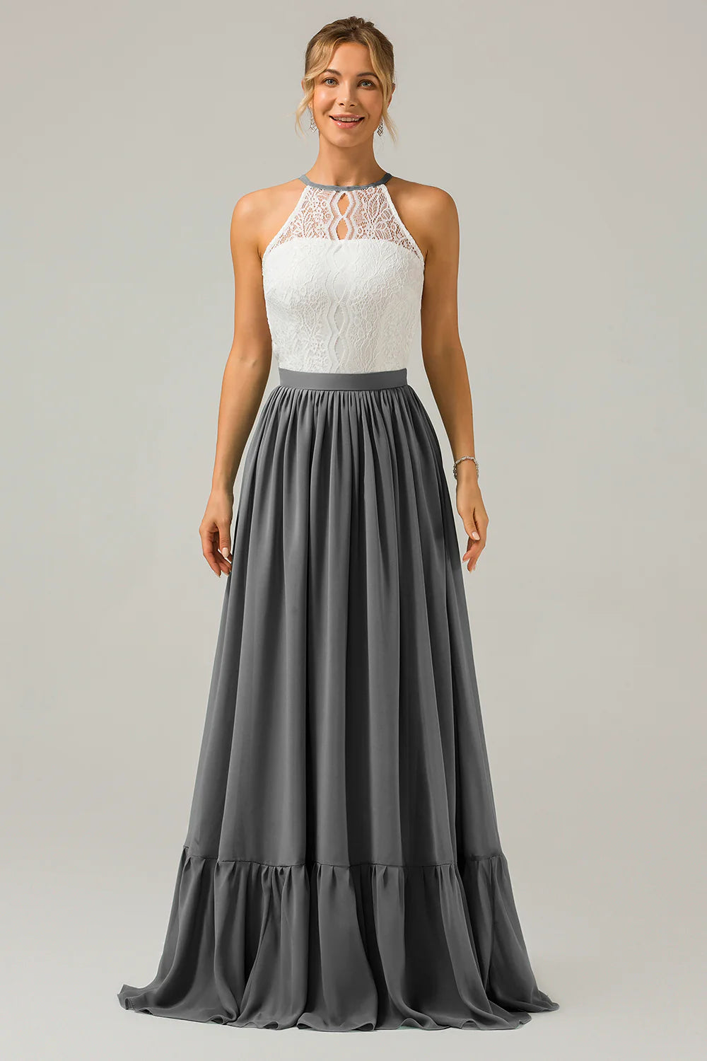A Line Halter Pleated Keyhole Chiffon Bridesmaid Dress With Lace