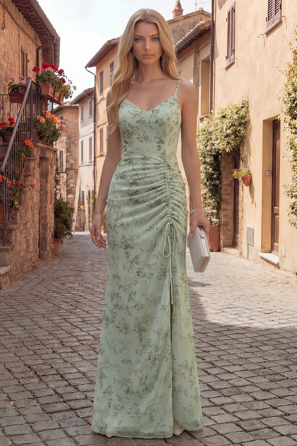 Dusty Sage Mermaid Ruched Maxi Prom Dress with Slit
