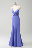 Purple Mermaid Front Criss Cross Pleated Floor Length Bridesmaid Dress
