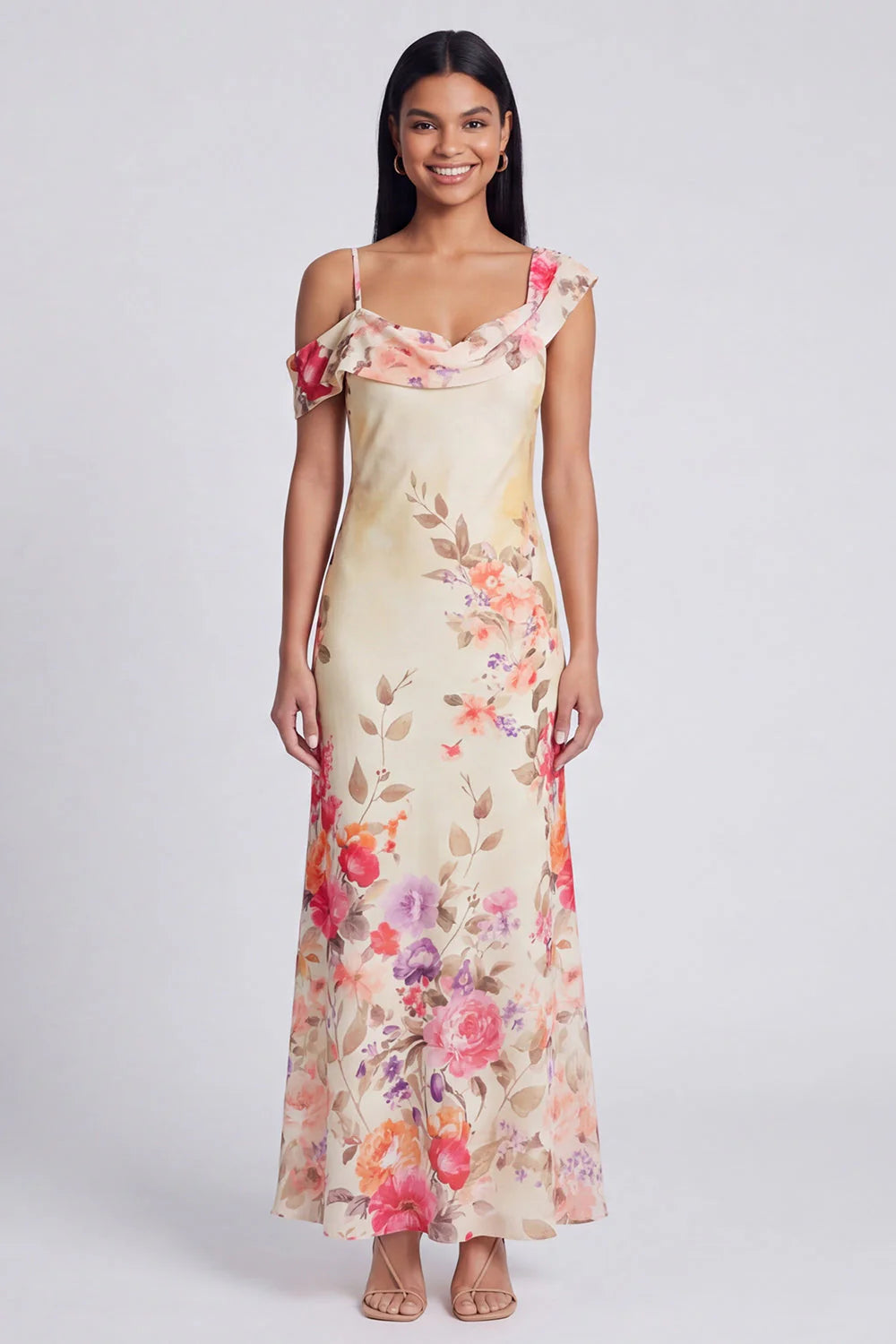 Champagne Asymmetrical Neck Floral Wedding Guest Dress