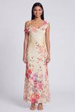 Champagne Asymmetrical Neck Floral Wedding Guest Dress