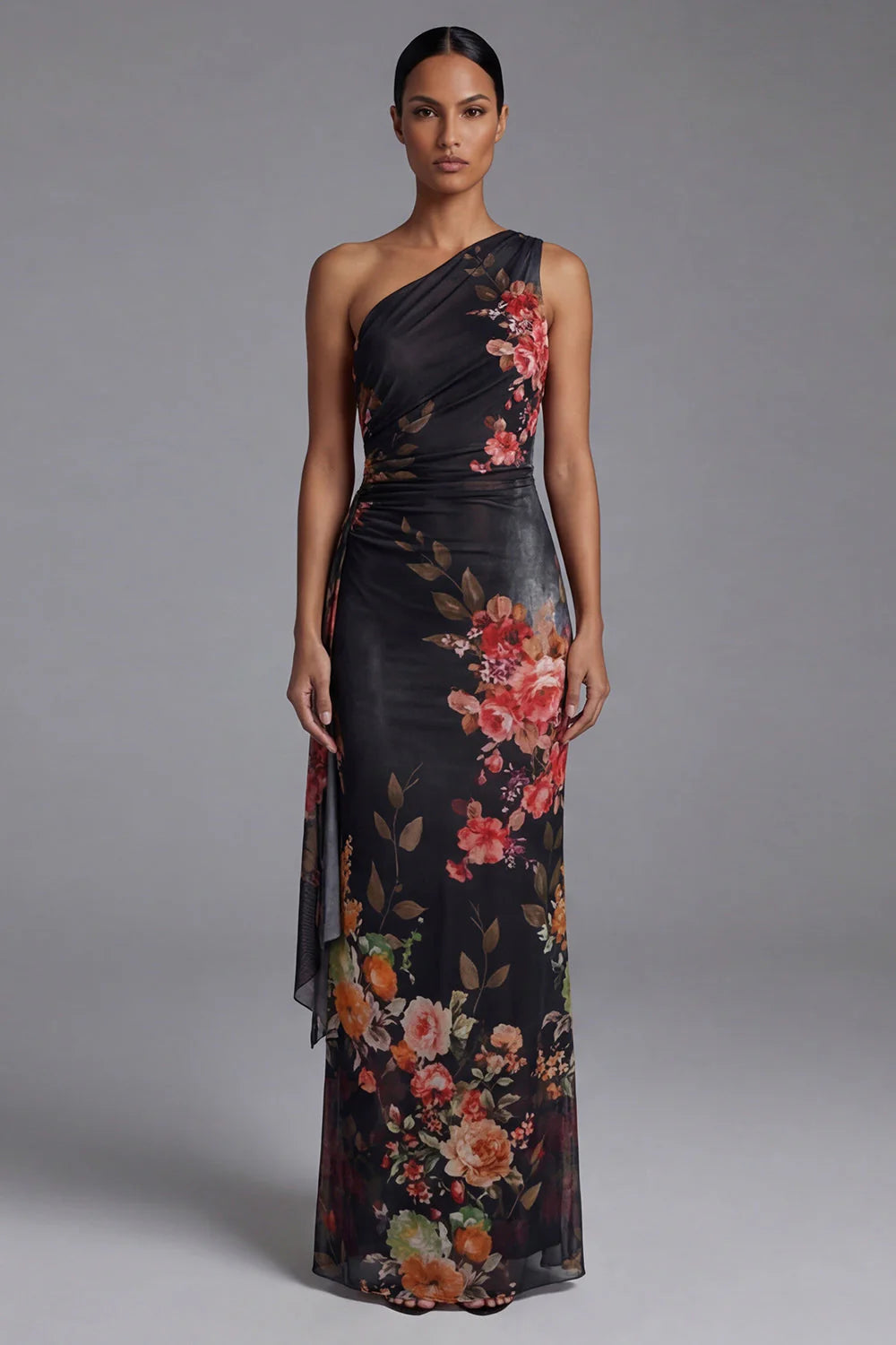 One Shoulder Cut Out Printed Ivory Maxi Formal Dress