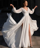 Boho A Line White V Neck Long Sleeve Wedding Dress